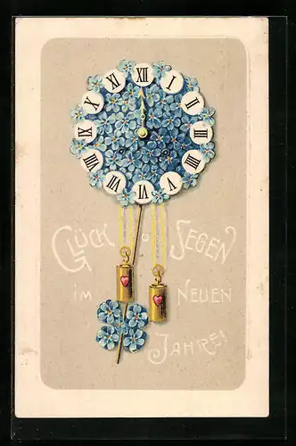 Präge-AK Neujahreswünsche, Uhr aus Blüten schlägt um Mitternacht