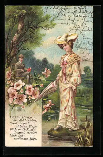 Präge-AK Dame mit Schirm und lesender Herr