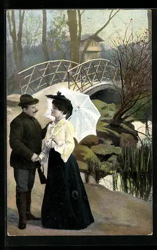 AK Ein Herr begrüsst eine Dame mit Schirm