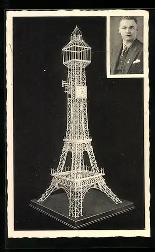 AK Modellbau Eifelturm-Strohuhr mit Portrait von Karl Klapproth
