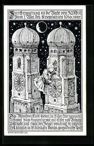 Künstler-AK München, Münchner Kindl nachts an der Frauenkirche, Einführung der deutschen Sommerzeit 1916