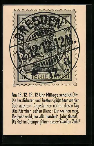 AK Erinnerung an das astronomische Datum 12.12.12, Briefmarke mit Germania