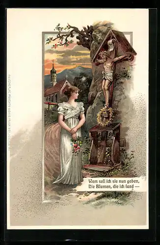 AK Frau mit Blumen vor Flurkreuz, Im Hintergrund Kirche