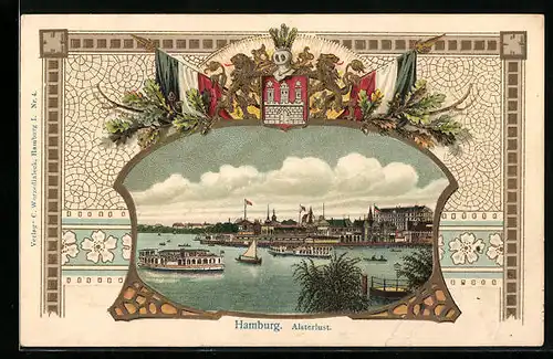 Passepartout-Lithographie Hamburg-Neustadt, Dampfer am Gasthaus Alsterlust, Stadt-Wappen