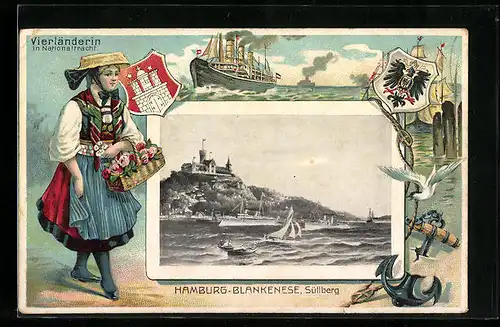 Passepartout-Lithographie Hamburg-Blankenese, Hotel auf dem Süllberg, Vierländerin in Nationaltracht, Wappen