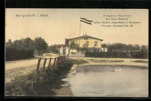 AK Hamburg-Bergstedt, Krügers Gasthof, Blick auf Gewässer neben Landstrasse