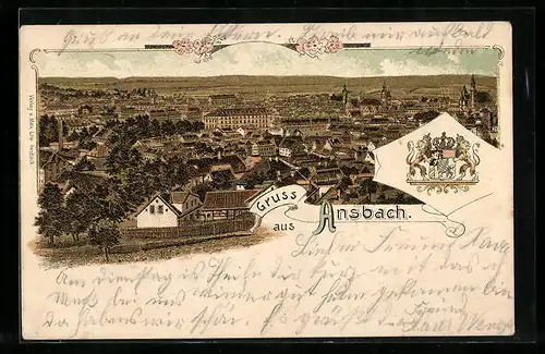 Lithographie Ansbach, Panorama & Wappen
