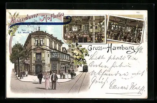 Lithographie Hamburg, Gasthaus Münchner Hofbräu in der Kleine Rosenstrasse mit Innenansichten, Bes. J. Welzow