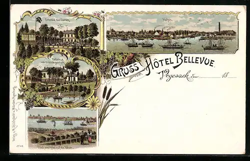 Lithographie Vegesack, Hotel Bellevue mit Garten und vom Strande gesehen, Blick auf die Weser