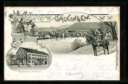 Lithographie Säckingen, Gasthof zum Schützen, Der Trompeter auf seinem Pferd