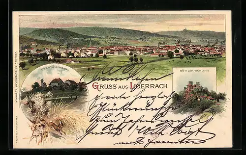 Lithographie Loerrach, Röttler-Schloss, Obertüllingen, Panorama