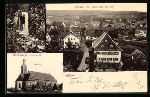 AK Görwihl, Ortsansicht vom Kirchturm, Höllbachfall und Kirche