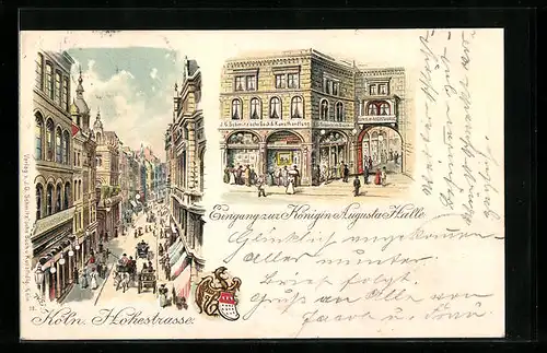 Lithographie Köln, Hohestrasse, Eingang zur Königin Augusta Halle