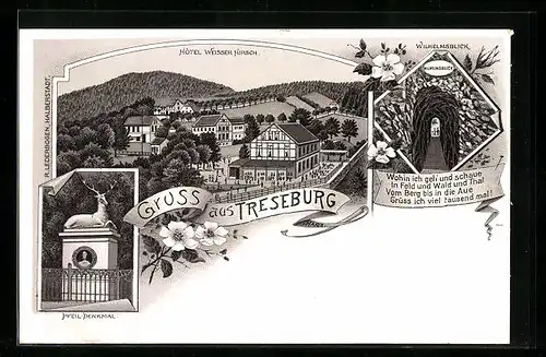 Lithographie Treseburg, Hotel Weisser Hirsch, Pfeil-Denkmal