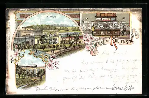 Lithographie Kreiensen, Bahnhof, Innenansicht Zeitungsladen, Brücke mit Eisenbahn