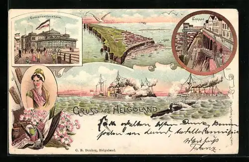 Lithographie Helgoland, Conversationshaus, Dampfer und Treppe