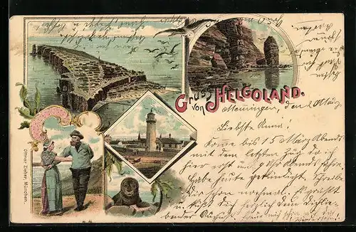Lithographie Helgoland, Gruss von der Insel mit Robbe, Leuchtturm und Inselansicht
