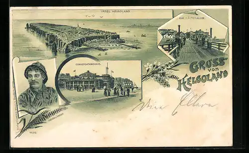 Lithographie Helgoland, Totalansicht, Konversationshaus, Die Lästerallee