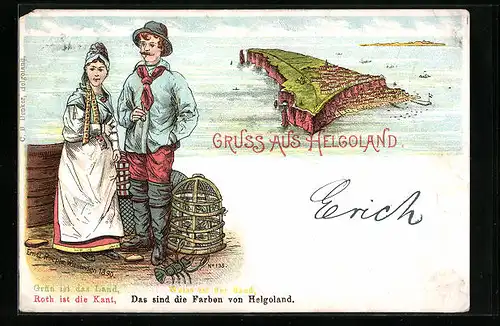 Lithographie Helgoland, Inselansicht, Fischer mit seiner Frau die Tracht trägt