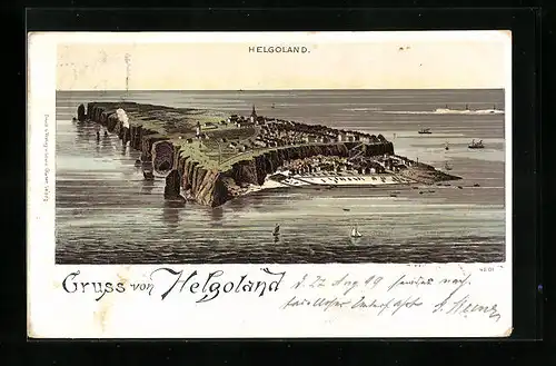 Lithographie Helgoland, Gruss mit Inselpanorama