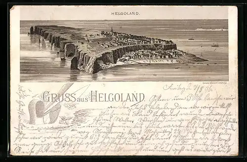 Lithographie Helgoland, Gruss mit Inselpanorama