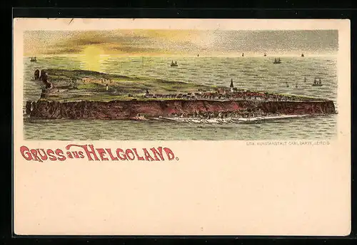 Lithographie Helgoland, Die Insel im Schein der untergehenden Sonne