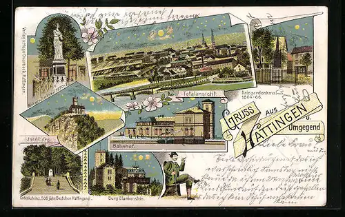 Lithographie Hattingen, Kriegerdenkmal, Bahnhof und Burg Blankenstein