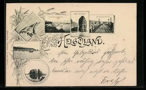 Lithographie Helgoland, Mönch und Predigerstuhl, Landungsbrücke