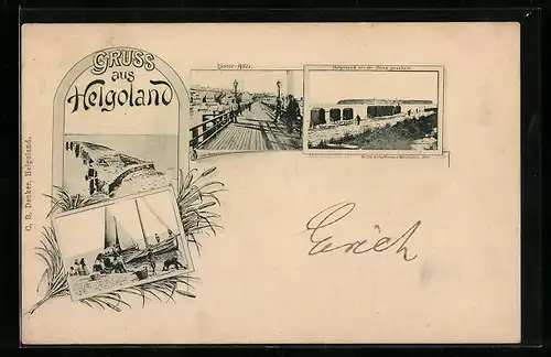 Lithographie Helgoland, Läster-Allee, Inselanblick von der Düne aus