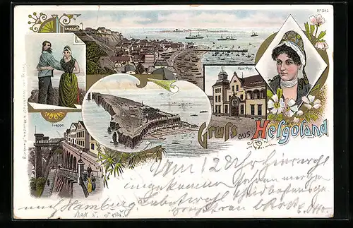 Lithographie Helgoland, Neue Post, Treppe, Frau in Tracht