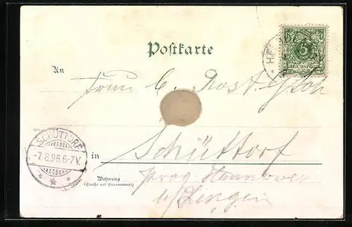 Lithographie Helgoland, Neue Post, Treppe, Frau in Tracht