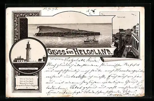 Lithographie Helgoland, Der Leuchtturm, Fahrstuhl und Panorama der Insel