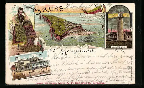 Lithographie Helgoland, Neues Konversationshaus, Fischerin und Leuchturm