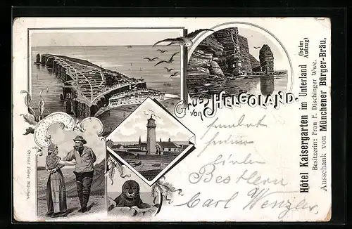 Lithographie Helgoland, Strandpartie, Leuchtturm, Seerobbe