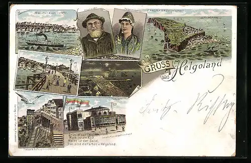 Lithographie Helgoland, Neues Konversationshaus, Anlegebrücke-Kurhaus, Treppe & Aufzug zum Oberland