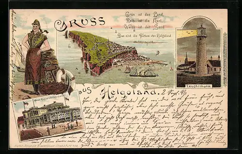 Lithographie Helgoland, Neues Konversationshaus, Fischerin und Leuchtturm