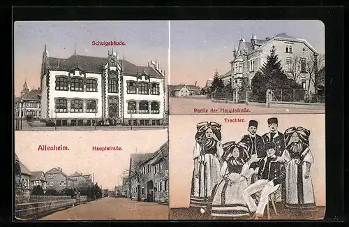 AK Altenheim, Partie der Hauptstrasse, Schulgebäude und Trachten