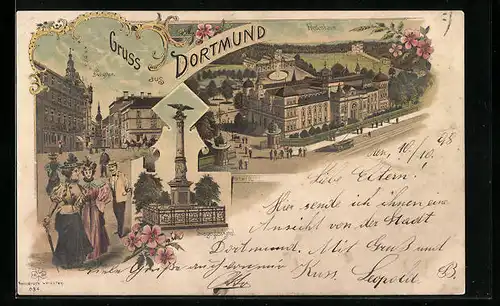 Lithographie Dortmund, Burgthor, Siegesdenkmal, Fredenbaum