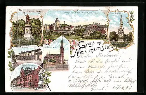 Lithographie Neumünster, Bahnhof, Kaiserliches Postamt, Katholische Kirche