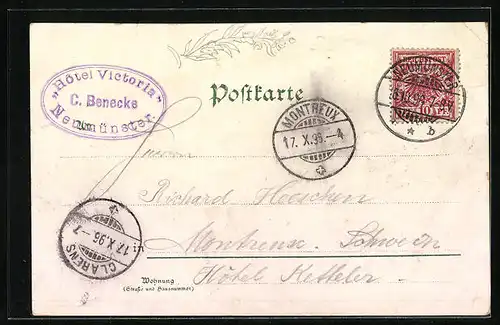 Lithographie Neumünster, Bahnhof, Kaiserliches Postamt, Katholische Kirche