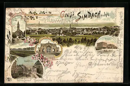 Lithographie Simbach, Portal der Innbrücke, Hauptstrasse, Bahnhof, Pfarrkirche