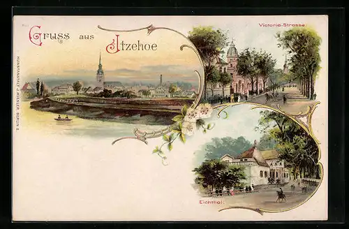 Lithographie Itzehoe, Ortsansicht, Victoria-Strasse und Eichthal