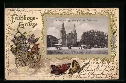 Passepartout-Lithographie Ludwigsburg, Marktplatz mit Stadtkirche, Schmetterlingsgespann