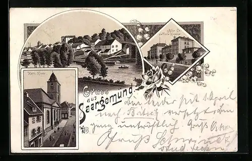 Lithographie Saargemünd, Flusspartie mit Kath. Kirche u. Neue Cavallerie-Kaserne