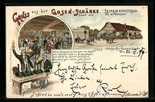 Lithographie Leipzig-Eutritzsch, Blick in die Gosen-Schänke, Inh. G. Pfotenhauer