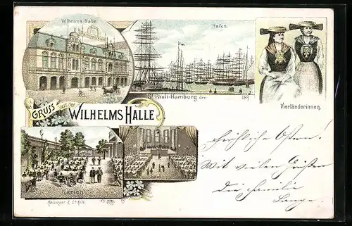 Lithographie Hamburg-St. Pauli, Restaurant & Panoptikum Wilhelms Halle, Hafen