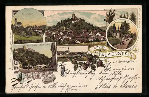 Lithographie Falkenstein, Marienstein, Marktplatz, Arrach