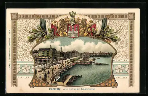 Passepartout-Lithographie Hamburg-Neustadt, Alter und neuer Jungfernstieg, Wappen