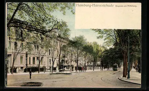 AK Hamburg-Harvestehude, Brunnen am Mittelweg mit Strassenbahn