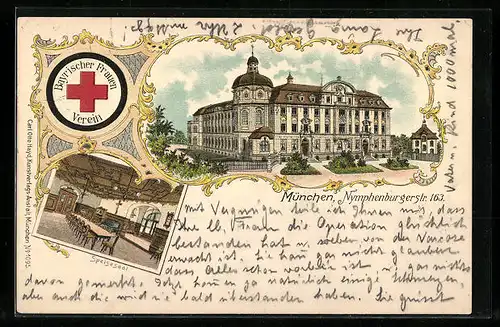 Passepartout-Lithographie München, Gebäude des Bayrischen Frauenvereins, Nymphenburgerstrasse 163, mit Speisesaal